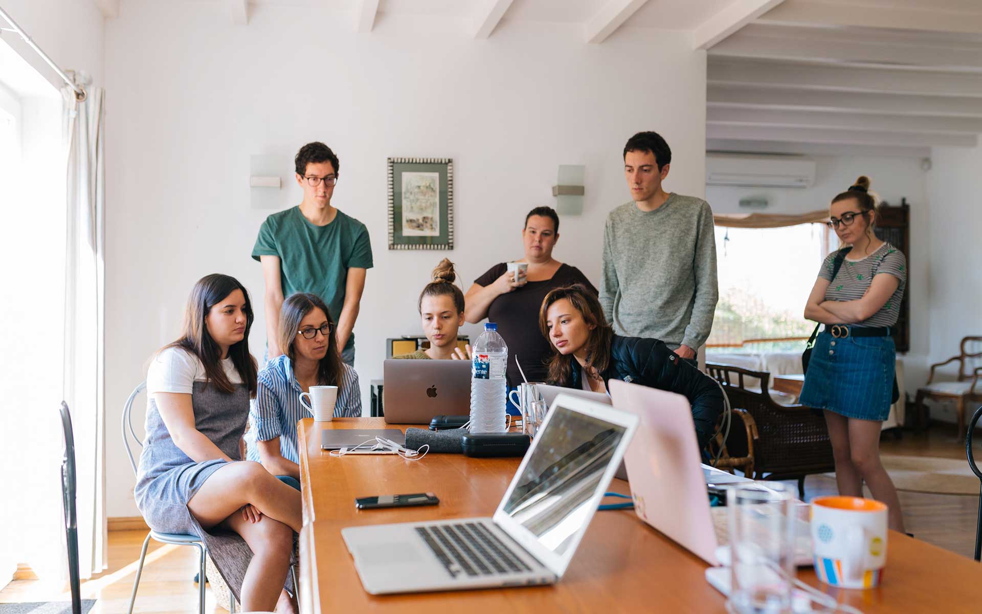 Students collaborate during a team meeting, showcasing modern vet training environments.